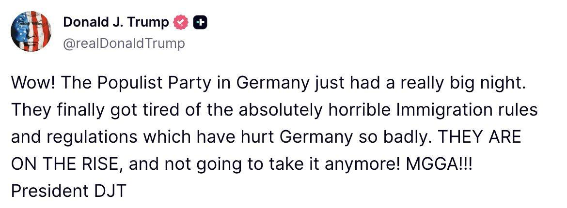 Wow! The Populist Party in Germany \. Donald ITunes @reaiDonald Tromp ‘Wow! The Populist Party in’ Germany just had a really big’ night. ‘They’finally gottiredlof tite absolutely horrible Immigration rules and, regulations which have hurt Germany iso: badly. THEY ARE: ON! THE RISE, and ‘notigoingto take itanymore! MGGAT! President DUT